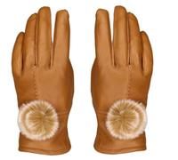 Gants En Cuir Pour Femme Manteau D'Hiver Chaud Pour Femme, Doublé De Fausse Peau De Mouton Et Orné De Gros Pompons - Couleur Jaune Camel