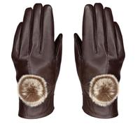 Gants En Cuir Pour Femmes Manteau D'Hiver Chaud Pour Femme, Doublé De Fausse Peau De Mouton Et Orné De Gros Pompons - Marron Foncé
