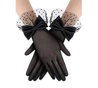 Gants en Dentelle avec Nœud Mitaines de Mariage de Fête Gants de Bal Courts Accessoires de Protection Solaire Élégants de Soirée de Funérailles pour Femmes Filles (Noir)