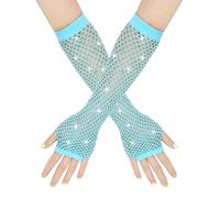 Gants en maille pour femme - Brillants - Mitaines longues résille - Gants en maille - Accessoires de costume - Gants d'opéra à paillettes - Gants de soirée cosplay, bleu ciel, taille unique