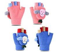 Gants Enfants Sans Doigts, 2 Paires Tricotés D’Hiver D’Enfants Gants Convertible Flip Top Dessin animé Gants Automne Hiver Gants Demi-Doigts Gants à écran Tactile Chaud pour garçons Filles 2-7 Ans