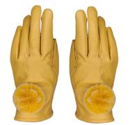 Gants Femme Cuir Manteau D'Hiver Chaud Pour Femme, Doublé De Fausse Peau De Mouton Et Orné De Gros Pompons - Jaune