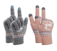 Gants Femme Hiver Gants à Ecran Tactiles Tricotés Chaud Douce Motif de Elaphurus Mignon Taille Unique 2 Paires (Rose et Gris)