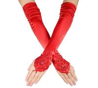 Gants Longs en Dentelle, Doux Gants Dentelle Sans Doigts, Gants d'Opéra, Gants de Longueur de Coude, Gants Long en Satin Gants de Mariée pour Mariage, Thé, Mascarade(Rouge)