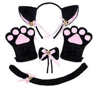 Gants Moto,Gant Chaud Femme,Chat Gants Queue Cravate Oreilles Enyanko Ensemble Chat Collier Oreilles! Accessoire d'arc de Cosplay de Style 4 pièces (Black, One Size)