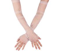 Gants Perles 46cm Sans Doigts en Tulle Pour Femme - Longs Gants de Mariée Pour Opéra, Halloween, Costume, Danse (Blanc)