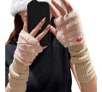 Gants Sans Doigts Chauds Half-finger Gloves Women's Winter Fingerless Cute Arm Guard Sleeves Knitted Pile Long To Keep Warm(Beige)