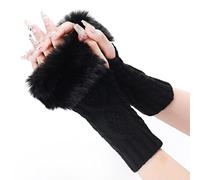 Gants Sans Doigts Tricoté Chauffe en Fourrure Artificielle, Gants à Main Chauds Dans Doigts Longs et à la Mode Gants Tricotés Chauds D'hiver Noirs avec Trous de Pouce pour Femmes et Filles (Petits)