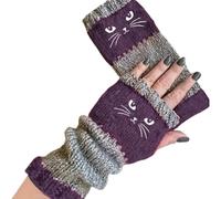 Gants sans doigts tricotés pour femmes avec broderie de chat mignon, gants chauds vintage de Noël avec broderie de chat pour cadeau d'hiver, violet, taille unique