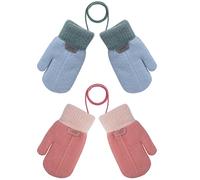 Gants Tricotées pour Enfant Moufles épais d'hiver avec Cordon Gants d'hiver Chauds avec Doublure en Polaire Moufles Thermiques d'hiver pour Garçons et Filles de 3 à 6 Ans 2 Paires (Bleu et Rose)