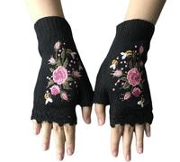 Gants tricotés pour femme : design de broderie florale, style d'hiver sans doigt, tissu respectueux de la peau | Gants à écran tactile chauds pour le confort des messages texte, solution
