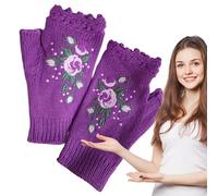 Gants tricotés pour femme : design de broderie florale, style d'hiver sans doigt, tissu respectueux de la peau | Gants à écran tactile chauds pour le confort des messages texte, solution