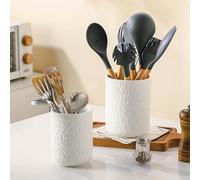 Ganwu Lot de 2 porte-ustensiles de cuisine en céramique texture rocheuse, organisateur de comptoir pour couverts, cuillères de cuisine, porte-ustensiles pour comptoir de cuisine, blanc