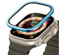 GANYUU Verre trempé pour Apple Watch Ultra 49mm, cadre métallique en titane, Film anti-rayures pour série Ultra 2, accessoires de protection d'écran(Blue 4)