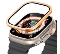 GANYUU Verre trempé pour Apple Watch Ultra 49mm, cadre métallique en titane, Film anti-rayures pour série Ultra 2, accessoires de protection d'écran(Gold 3)