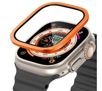 GANYUU Verre trempé pour Apple Watch Ultra 49mm, cadre métallique en titane, Film anti-rayures pour série Ultra 2, accessoires de protection d'écran(Orange 5)