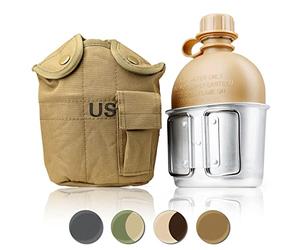 Ganzoo Gourde militaire avec gobelet Kochbehalter en aluminium, beige, 1 L, set 2 pieces, style armee allemande, bouteille de camping randonnee bushcraft avec etui de voyage en tissu, survie
