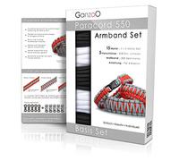 Ganzoo Paracord 550 set tressage bracelet à faire soi même, noir et blanc, 5x3 m cordon 4 mm, 5 boucles clip 10 mm, guide 16 pages 4 noeuds, mètre 300 cm