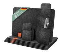 Ganzoo Set de Table en Feutre Noir 18 pièces ép. 5 mm, 6 Sets rectangulaires, 6 sous-Verres, 6 Sacs à Couverts, Lavable sous Eau Courante ou Machine Programme Laine 30 °C, résistant Chaleur