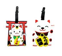 Gaodercha Lot de 2 étiquettes d'identification en forme de chat porte-bonheur 2 styles Maneki-Neko en silicone pour valises, sacs à dos, sacs de voyage, accessoire de voyage amusant