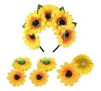Gaodercha Lot de 7 ensembles de bijoux tournesol avec couronne florale, bandeaux, bandeaux, clips et boucles d'oreilles pour un style festif, des occasions en plein air, tenues quotidiennes