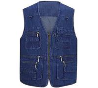 GAOHONGMEI Gilet en jean vintage pour homme - Plusieurs poches - Grande taille - Décontracté - Sans manches - Veste de cowboy - Randonnée - Reporters - Vêtements d'extérieur - Bleu denim - Taille L