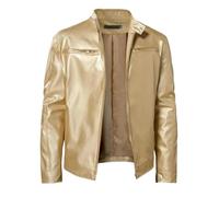 GaoLeAve Veste en cuir synthétique pour homme, printemps, automne, motard, manteau en polyuréthane, col montant, poches zippées, vêtements d'extérieur pour les loisirs, or, M
