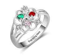 Gaosh Bague forme de coeur pour femmes personnalisée 3 pierre de naissance en pierre zircone cubique 3 Prénom et gravure en argent Sterling 925 pour la fête des mères anniversaire (Silver, 60)