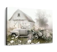 gaosoul Toile murale encadrée de style rustique avec motif de campagne brumeuse, vieux camion rouillé chargé de fleurs pour chambre à coucher, salon, bureau - 40,6 x 30,5 cm