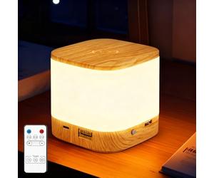 GAOUTO Lampe de chevet tactile à intensité variable - Batterie - Grain de bois - Lampe de table sans fil avec télécommande - Rechargeable par USB - Lampe de chevet LED avec 3 modes et minuterie