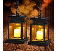GAOUTO Lot de 2 lanternes solaires d'extérieur avec effet vacillant de bougie LED, lampes solaires pour extérieur, étanches IP55, jaune
