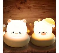 GAOUTO Lot de 2 veilleuses en silicone - 3 modes d'éclairage - Rechargeable - Contrôle tactile - Intensité variable - Pour adulte - Chambre à coucher - Chambre d'enfant (motif chaton + ours)