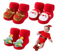 GAOUTO Lot de 3 paires de chaussettes de Noël pour enfants - Chaussettes d'hiver épaisses et chaudes - Antidérapantes - En coton - Unisexe - Pour bébé de 0 à 1 ans, rouge, taille unique