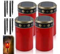 GAOUTO Lot de 4 lampes funéraires à LED solaires, bougies funéraires solaires avec piquet, bougies de cimetière d'extérieur étanches à énergie solaire avec capteur de lumière, 7 x 12 cm