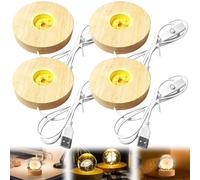 GAOUTO Lot de 4 socles LED en bois - 3 couleurs - Éclairage en bois réglable - Support USB rond pour affichage en cristal, verre, acrylique, bijoux en résine