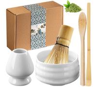 GAOUTO Lot de 5 sets à thé matcha avec fouet à matcha, bol à matcha en céramique, fouet en bambou, porte-balai en céramique, matcha fait à la main, accessoires pour matcha (Blanc)