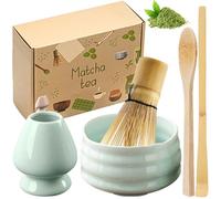 GAOUTO Lot de 5 sets à thé matcha avec fouet à matcha, bol à matcha en céramique, fouet en bambou, porte-balai en céramique, matcha fait à la main, accessoires pour matcha (Vert)