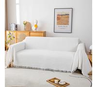 GAOWEI Housse de canapé 3 places gaufrée en coton avec franges décoratives, idéale pour canapé, fauteuil et lit, convient à toutes les saisons, blanc, 180 x 300 cm