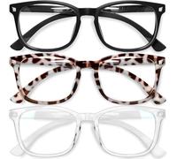 Gaoye Blue Light Blocking Glasses - 3 Pack Fashion Square Fake Eyeglasses, Anti UV Ray Computer Gaming Glasses for Women/Men, Matte Black+Leopard+Transparent