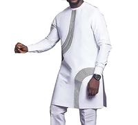 GaoYunQin Décontracté pour Hommes Africain Manche Longue Mode Hauts T-Shirts Affaires Africain Coupe Ajustée Fête des Traditions Vêtements (Color : White, Size : XXL)