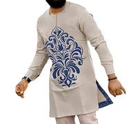 GaoYunQin Hommes Robe Imprimée Islamique Robe Musulmane T-Shirt Chemise de Nuit Manche Longue Thobe Caftan Ethnique Décontracté D'été Chemises Hauts (Color : Grey, Size : L)