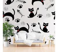 Gaqinhh Chat Dessin Animé Papier Peint Panoramique, Mignon Chaton Noir Tapisserie Murales Papier Peint, Arête de Poisson Wallpaper Intissé Salon Cuisine, Décoration Murale Chambre, 250 x 175 cm