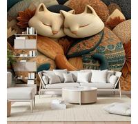 Gaqinhh Chat Style Sculpture Sur Bois Mignon Papier Peint 3dChaton Cartoon Tapisserie Panoramique, Papier Peint Intissé Salon Cuisine Salle de Bain, Décoration Murale Chambre 400 x 280 cm