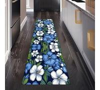 Gaqinhh Hibiscus Bleu et Blanc Tapis de Passage 50 x 150 cm, Feuilles Florales Plantes Tapis Cuisine Antidérapant Lavable, Carpet Interieur pour Salon Chambre à Coucher Descente de lit Entree