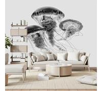 Gaqinhh Méduse Noire Marine Papier Peint Intissé, Style Croquis Vie Marine Papier Peint Panoramique 3d, Tapisserie Murale Salon Chambre Enfant Cuisine Salle de Bain, 300 x 210 cm