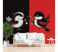 Gaqinhh Oiseau Dessin Animé Papier Peint Intissé, Oiseaux Noir et Rouge Papier Peint 3dNote de Musique Tapisserie Panoramique Salon Chambre Enfant Adulte Fille Salle de Bain, 200 x 140 cm
