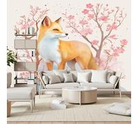 Gaqinhh Renard Animal Fleurs Papier Peint Panoramique, Animaux de la Forêt Floral Rose Papier Peint Salon, Tapisserie Murale Intissé Wallpaper 3d Chambre Cuisine Salle de Bain, 350 x 256 cm
