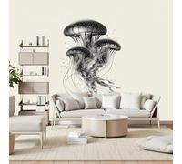 Gaqinhh Style Croquis Vie Marine Papier Peint Panoramique, Méduse Noire Animal Tapisserie Murales Papier Peint, Wallpaper Intissé Salon Cuisine, Décoration Murale Chambre, 250 x 175 cm