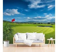 Gaqinhh Terrain de Golf Papier Peint 3dPaysage Montagnes Forêt Tapisserie Panoramique, Drapeau Rouge Prairie Papier Peint Intissé Salon Cuisine Salle de Bain, Décoration Murale Chambre 400 x 280 cm