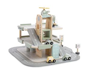 Garage en bois 3 niveaux avec voitures et hélicoptère